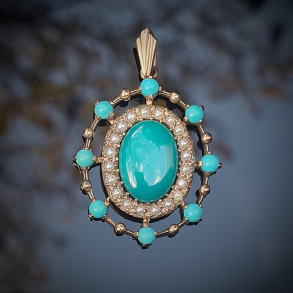 Vintage Turquoise & Seed Pearl Pendant