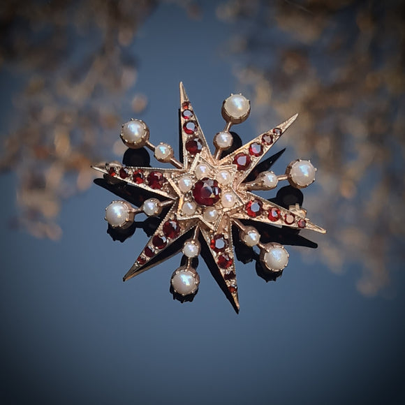 Starburst Garnet & Pearl Brooch