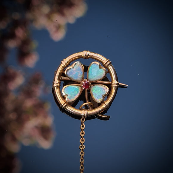 Antique Opal & Ruby Clover Design Brooch