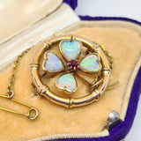 Antique Opal & Ruby Clover Design Brooch