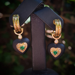 Unusual Gold, Glass, Emerald and Diamond Drop Earrings