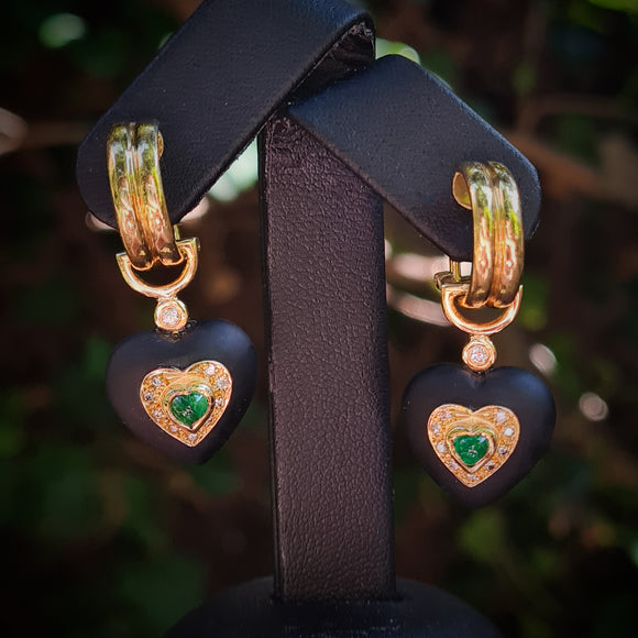Unusual Gold, Glass, Emerald and Diamond Drop Earrings