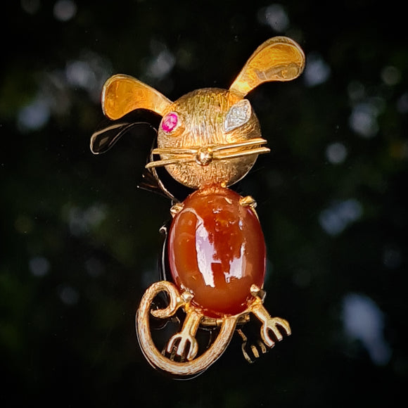 Unusual Carnelian Mouse Brooch