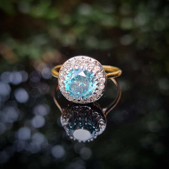 Antique Blue Zircon and Diamond Cluster Ring