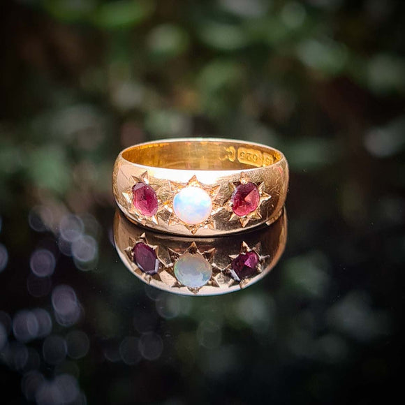 Antique Opal and Garnet Wide Ring