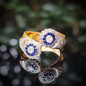 Sapphire and Diamond Double Cluster Ring