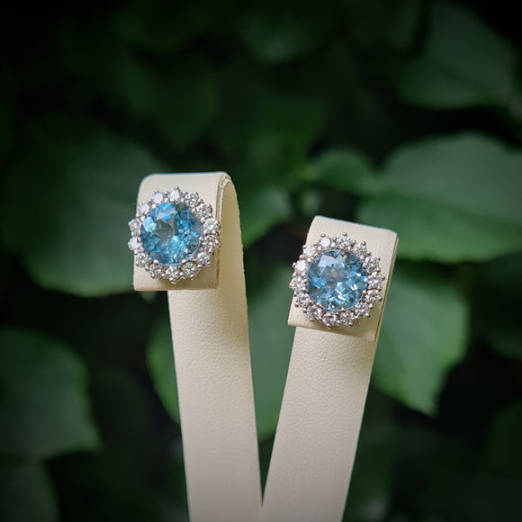 Aquamarine & Diamond Cluster Stud Earrings